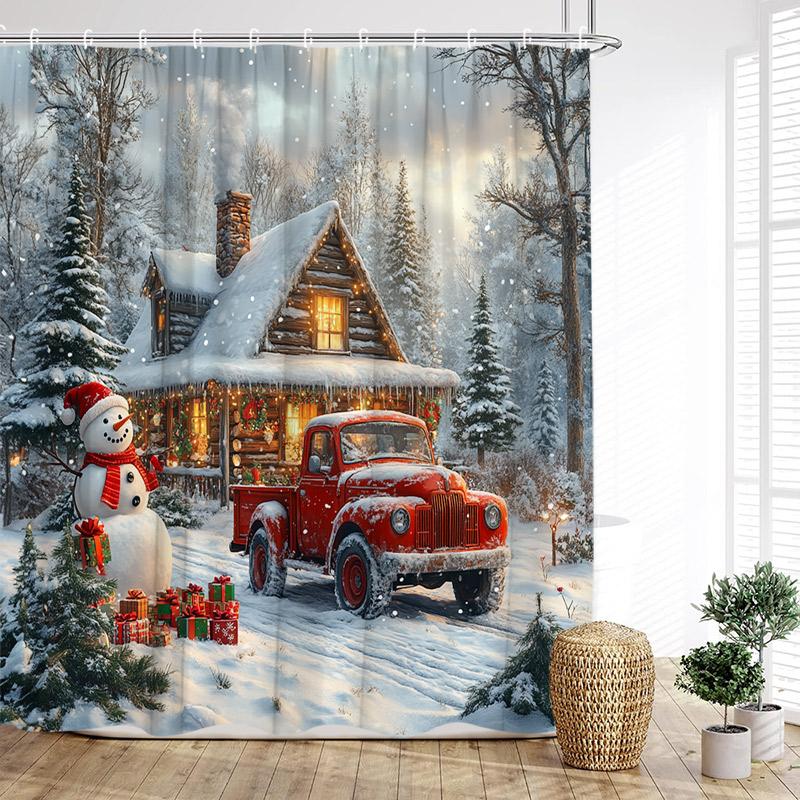 Cute Christmas Snowman Shower Curtain Winter Forest Xmas House Cedar New Year Home Bathroom Decoration Bath Curtains With Hooks