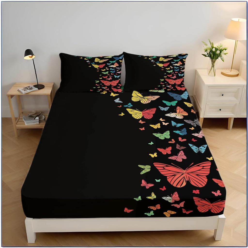 3D Butterfly Single Fitted Sheet Blue Printed Bed Sheets 30 cm Deep Fitted Sheets Soft Microfiber Bedding Set with Pillowcase