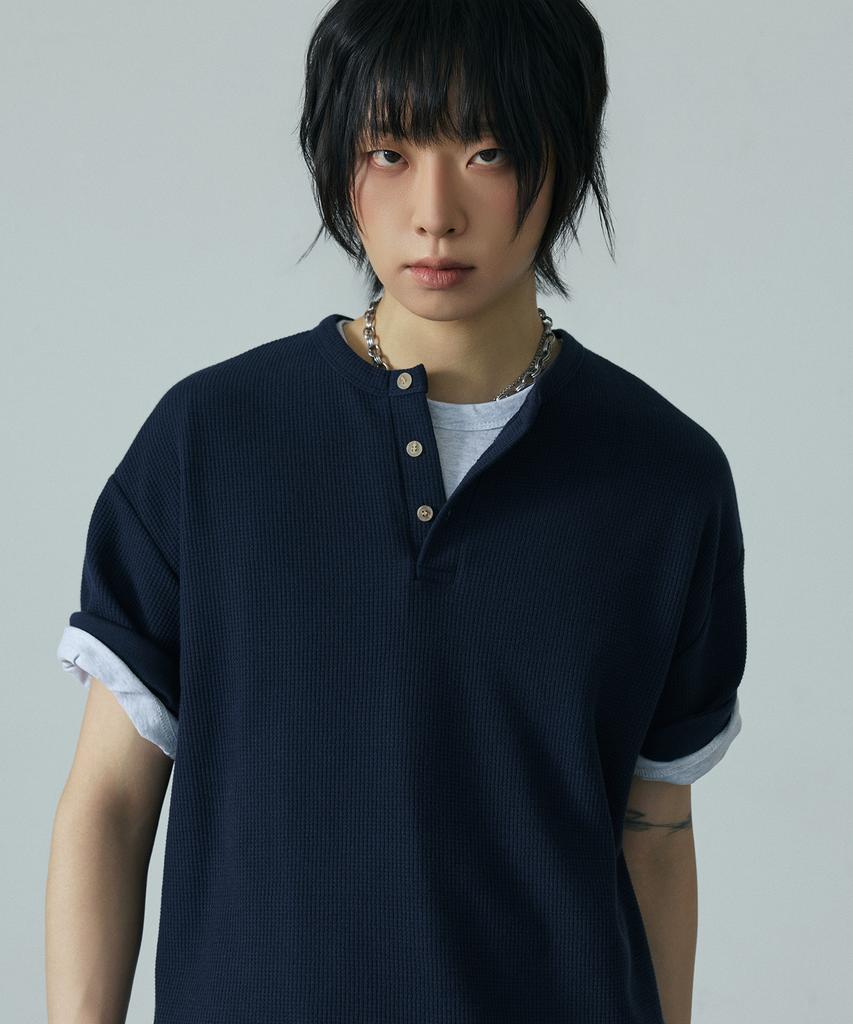 LXT Waffle Henley Neck Crop Short Sleeve T-Shirt [Navy]