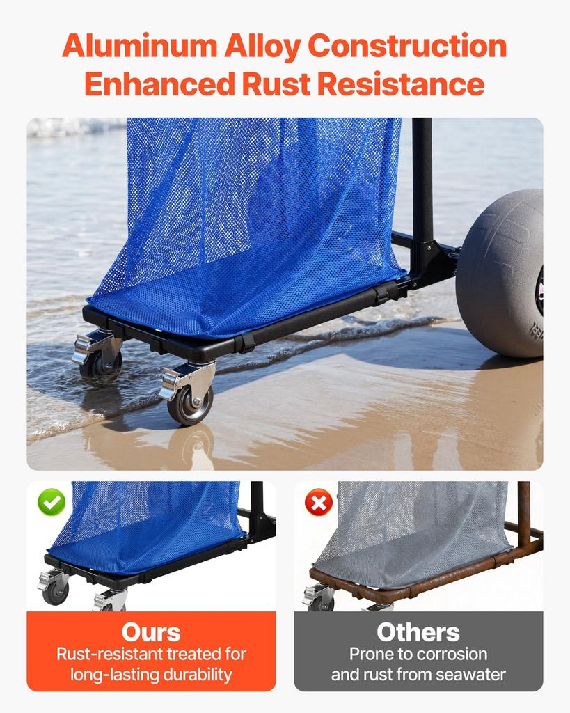 Beach Cart with Large Wheels for Sand, 75 kg Load Capacity, Heavy Duty Folding Beach Wagon with 320 mm Balloon Wheels, Storage Bag, 180° Adjustable