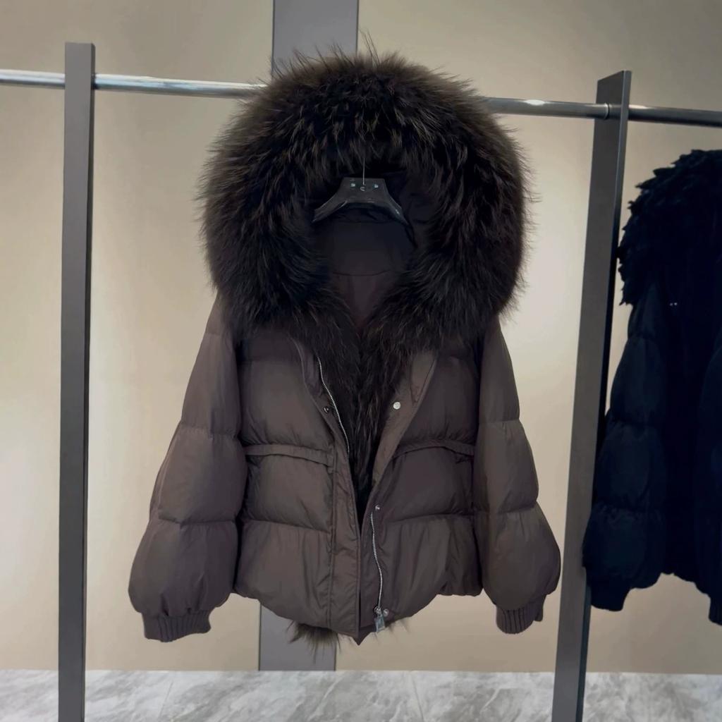 Winter increase natural real raccoon fur collar placket goose down jacket versatile high-end sense loose warm jacket women