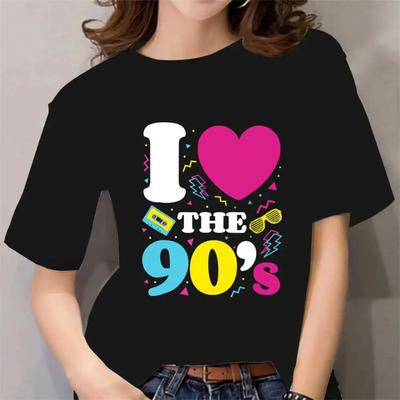 3D-gedrucktes Liebe 80er 90er T-Shirt für Damen Buntes Muster Kurze Ärmel Lässig Harajuku Streetwear O-Ausschnitt T-Shirts Locker geschnittene T-Shirts