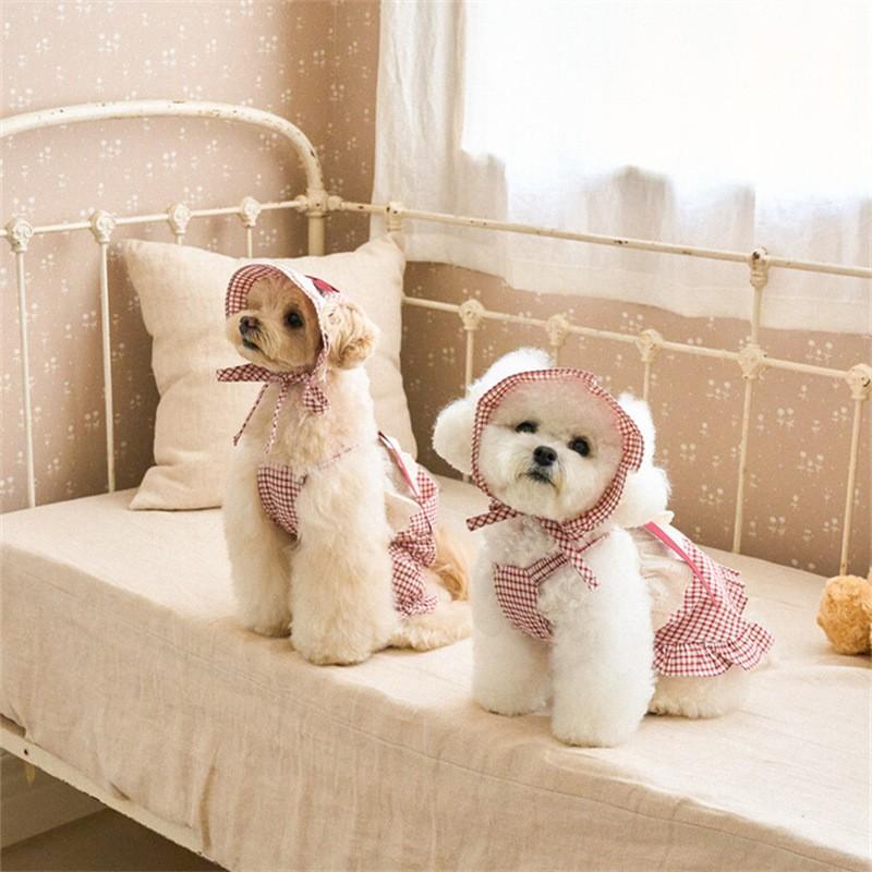 Pet Dog Cat Princess Dress With Hat Lace Bow Plaid Skirt Small Pets