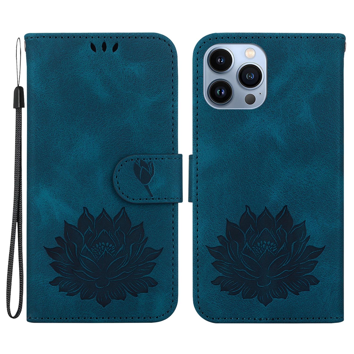 

For iPhone 14 Pro Case Flip Shockproof Leather Phone Cover Lotus Pattern Blue