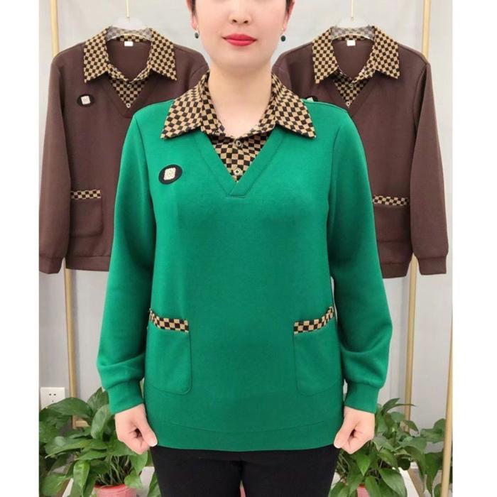 

Клетчатая имитация двухсекционной базовой рубашки для женщин на весну и осень с длинными рукавами и свободным воротником для создания повседневного топа для мамы 5XL зелёный