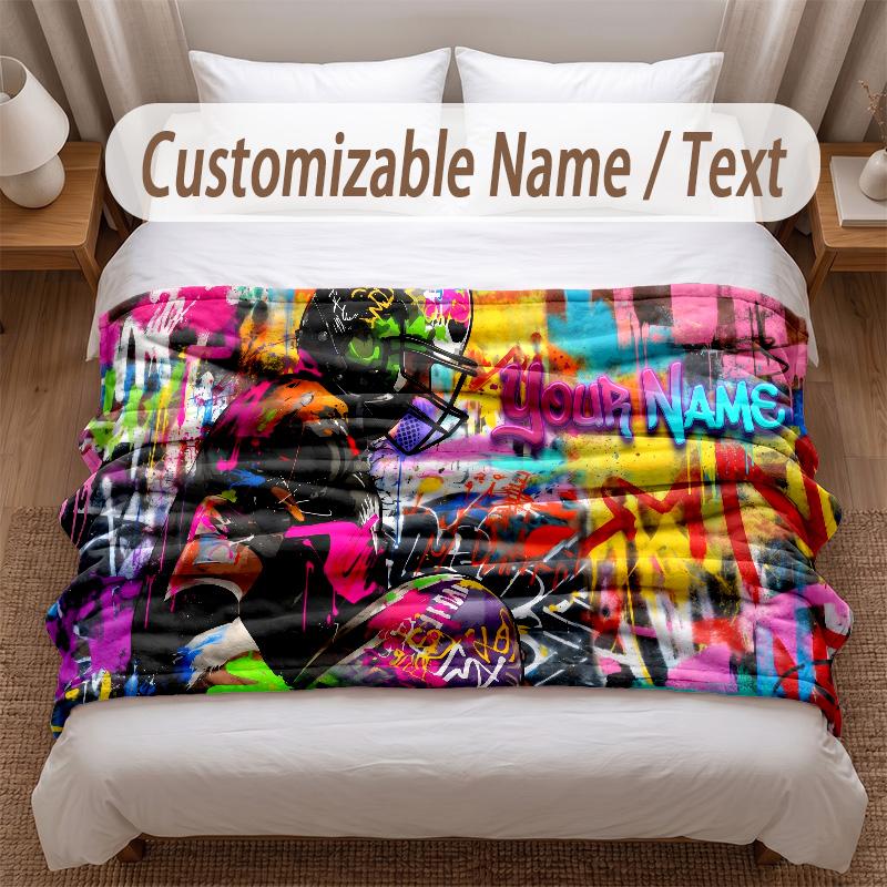 American Football Theme Soft Blanket Personalized Custom Name Text Print Warm Blanket Home Sofa Bedroom Decor
