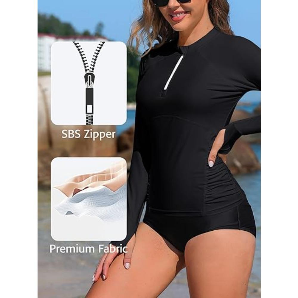 CHARMLEAKS Damen Rashguard Langarm Badeanzüge UV UPF 50+ Reißverschluss Schwimmshirt Schnelltrocknende Sonnenshirts