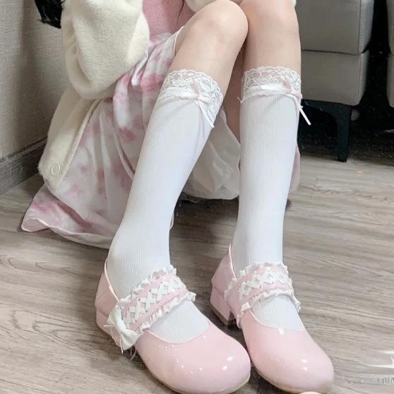 Lolita Pure Desire Summer JK Bow Velvet Ballet Stacking Socks Medium Tube Socks Lace Calf Socks
