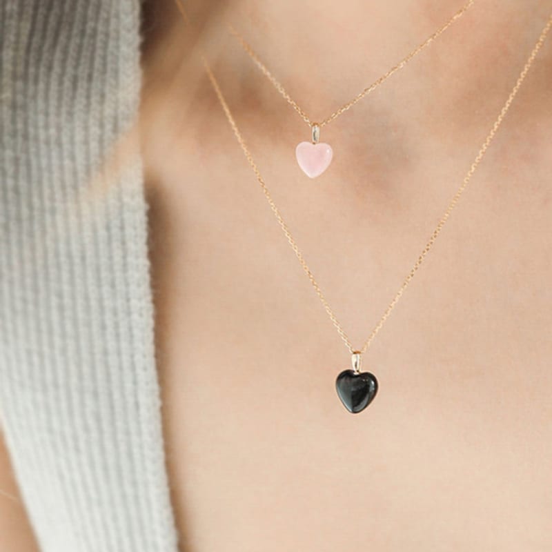 Modernlike 14k Gold-filled Silver Black Quartz Crystal Heart Necklace 2-piece Set