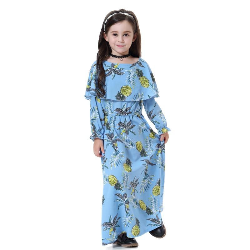Dívčí šaty s potiskem a dlouhým rukávem, muslimské arabské dívčí šaty s kulatým výstřihem, květinové šaty, turecké islámské oblečení, dětské šaty