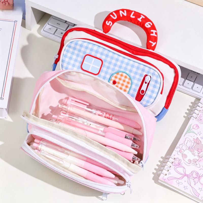 Cute House-themed Handheld Pencil Case, Checkered Print Multi-pocket Stationery Bag