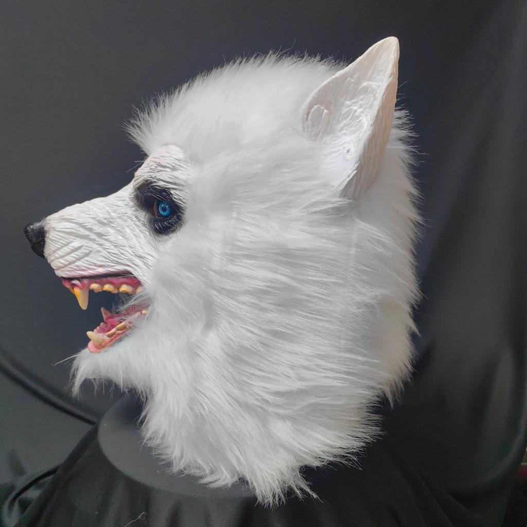 New White Wolf Mask Halloween Horror Latex Plush Animal Head Mask Party Werewolf Headgear Prop