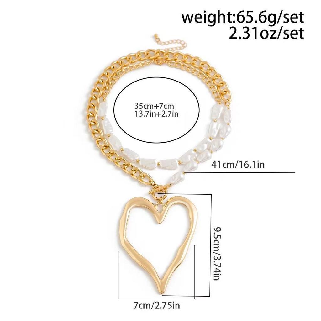 European and American jewelry, double-layered irregular love necklace for women, retro baroque imitation pearl collarbone chain