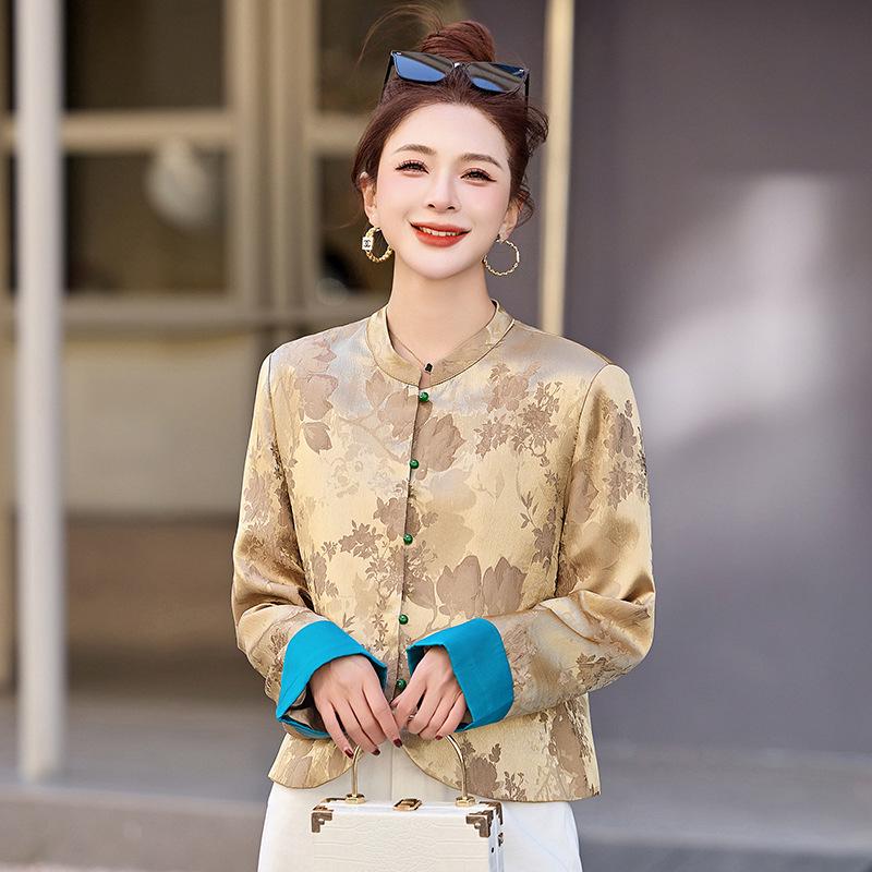 Spring 2025 Women's Slim Fit Colorblock Jacquard Jacket with Chinese Stand Collar & Retro Frog Buttons 