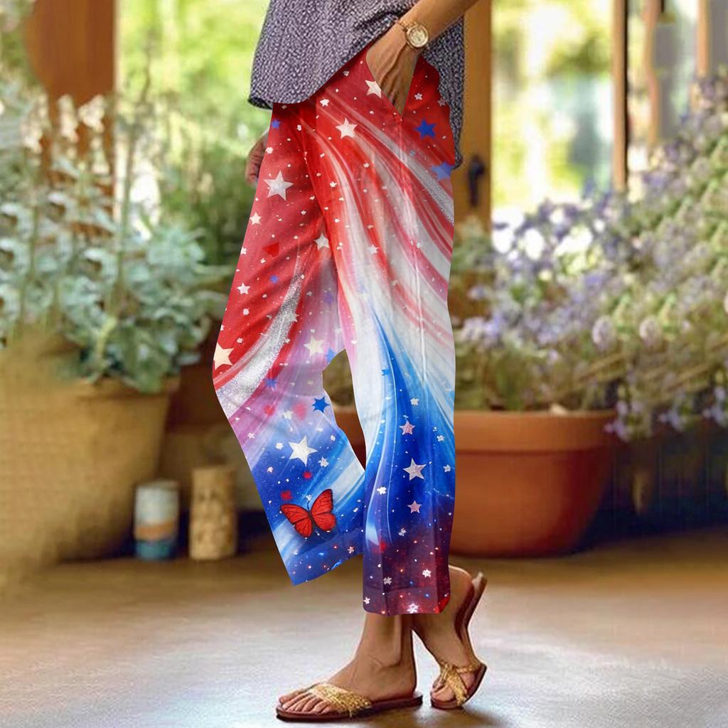 Dámské ležérní módní potištěné kalhoty s rovnými nohavicemi s kapsami