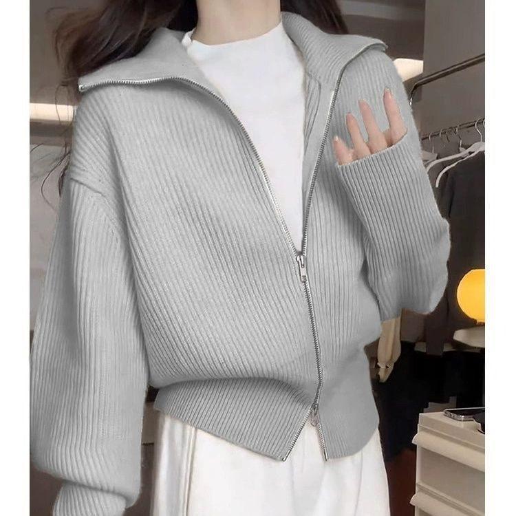 

Женский вязаный кардиган с лацканами на двойной молнии - Мягкий, уютный и утолщенный для осени/зимы S (80-90)