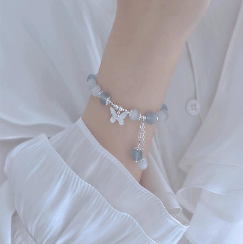 Aquamarine Cat's Eye Crystal Butterfly Bracelet with Sterling Silver and Tassel