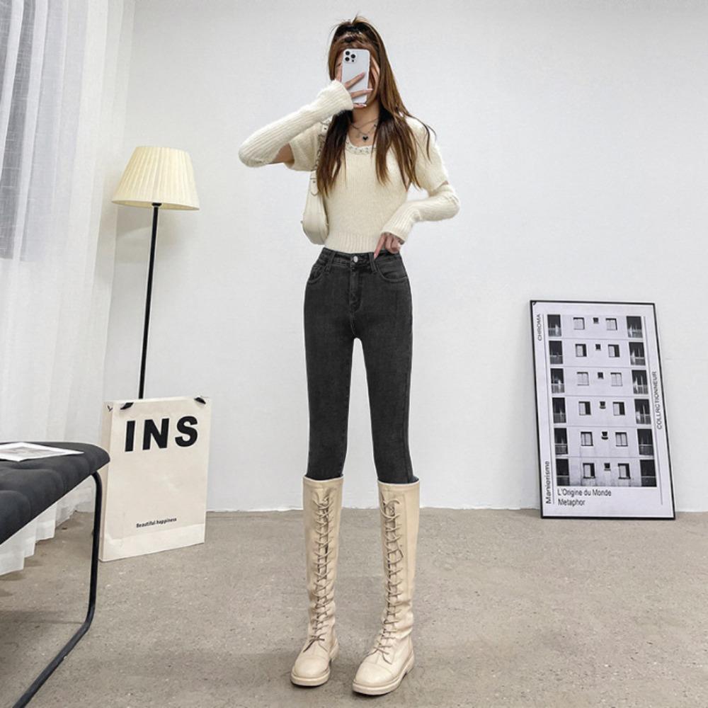 High-waisted Jeans for Women's 2025 Autumn and Winter New Thin, Slim-fitting, Fleece, Small-footed Pencil Pants