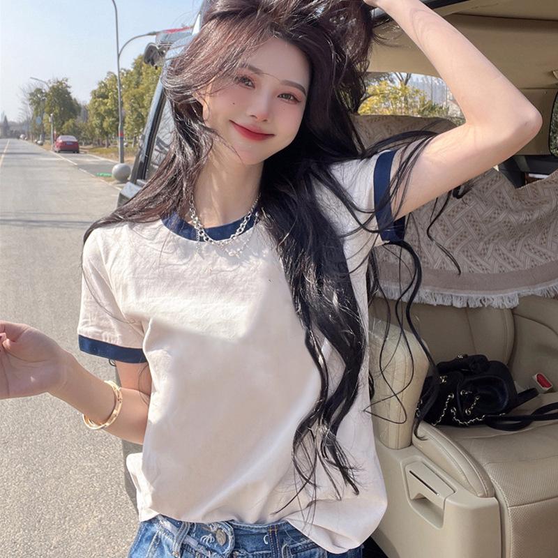 

Женская футболка с коротким рукавом из хлопка, летний пэчворк, цветные манжеты, топ в студенческом стиле XL