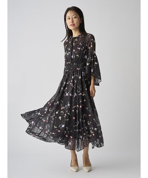 Selford Bowtie Flower Print Dress CWFO251063 Black Women's