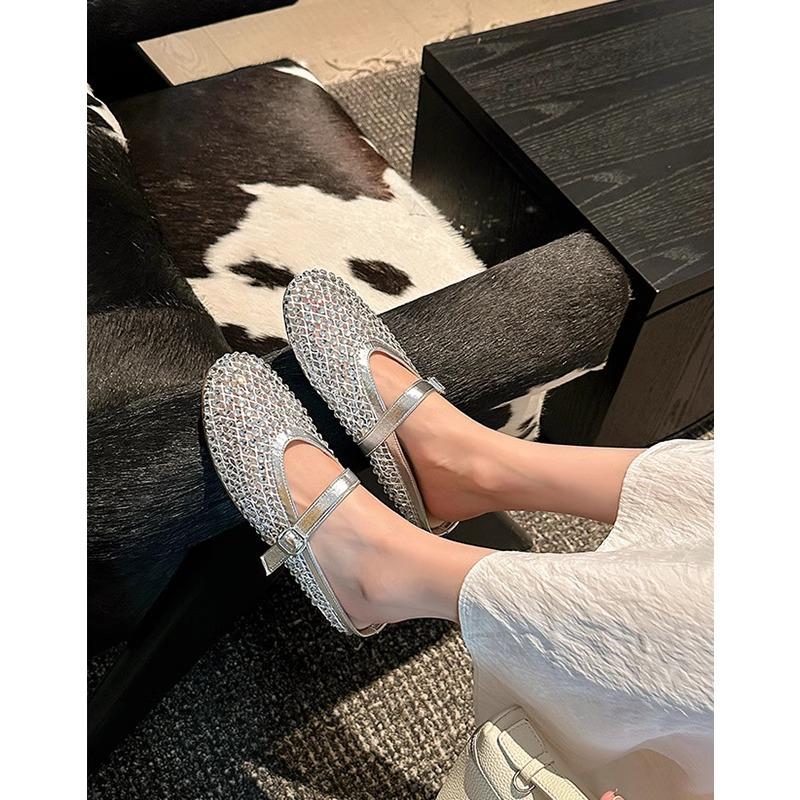 Sheepskin version~ Rhinestone mesh breathable word with bag head half slippers women wear casual holiday sandals