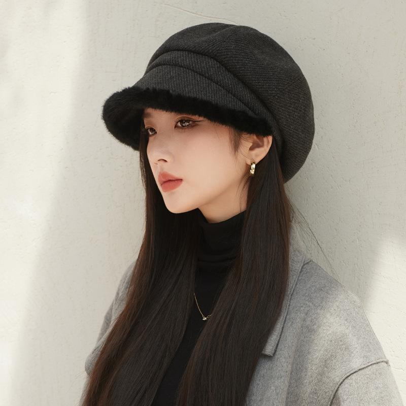 Autumn and Winter Hats for Women with High End Thick Plush Edge Octagonal Hat Solid Color Versatile Baseball Cap Warm Newspaper Baby Hat