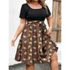 Women's Fashionable And Trendy Round Neck Short Sleeved Waist Print Dress In Plus Size