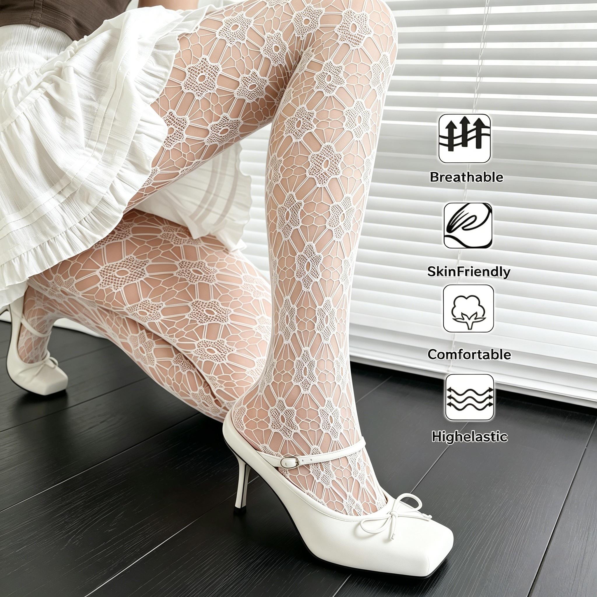 Women S White Hollow Out Tights French Gentle Style Diamond Mesh Friendly Comfortable Versatile Pantyhose For Dating Shopping S