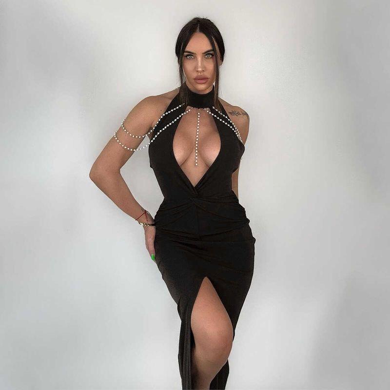 

Sexy Birthday Party Dress Fashion Sexy Chest Emphasizing Split Dress Party Small Guest dresses Black L