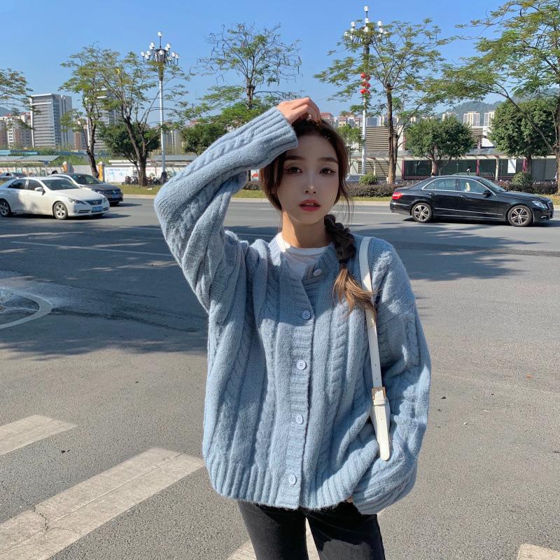 

Autumn and winter twist knitted jacket round neck loose lazy style fashion solid color cardigan sweater thick women 47-82 (average size) синій