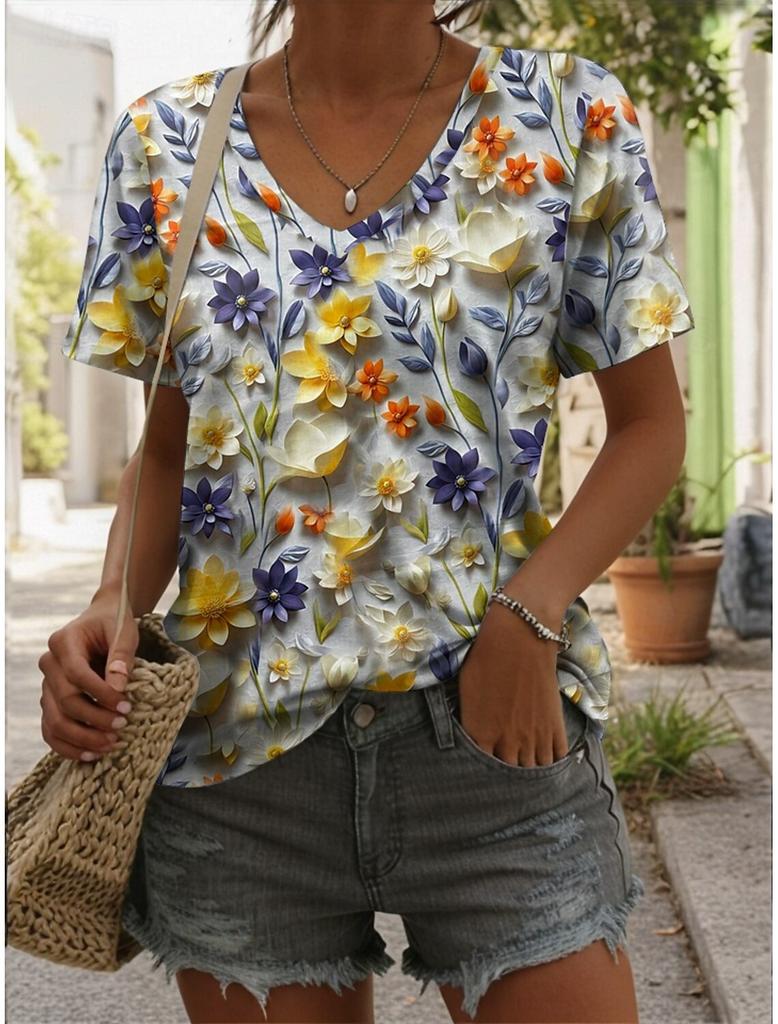 Women's fashionable printed T-shirt with floral pattern, casual short-sleeved V-neck, regular top, everyday printed T-shirt, casual blouse