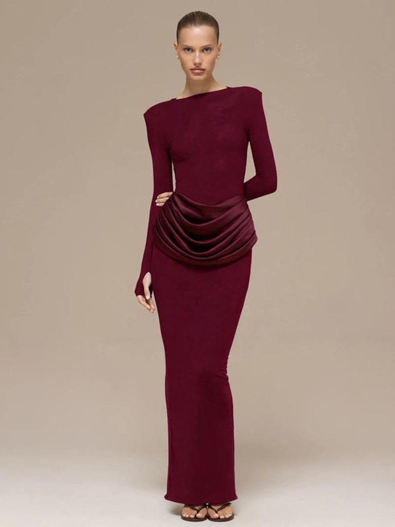 Autumn and Winter New Solid Color Temperament Celebrity Long-sleeved Slim-fitting Pleated Hip-wrapped Dress
