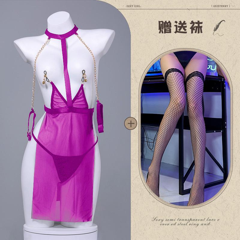 Erotic lingerie sexy mesh see-through uniform temptation leaking breasts passion stripless SM battle robe girl on the bed