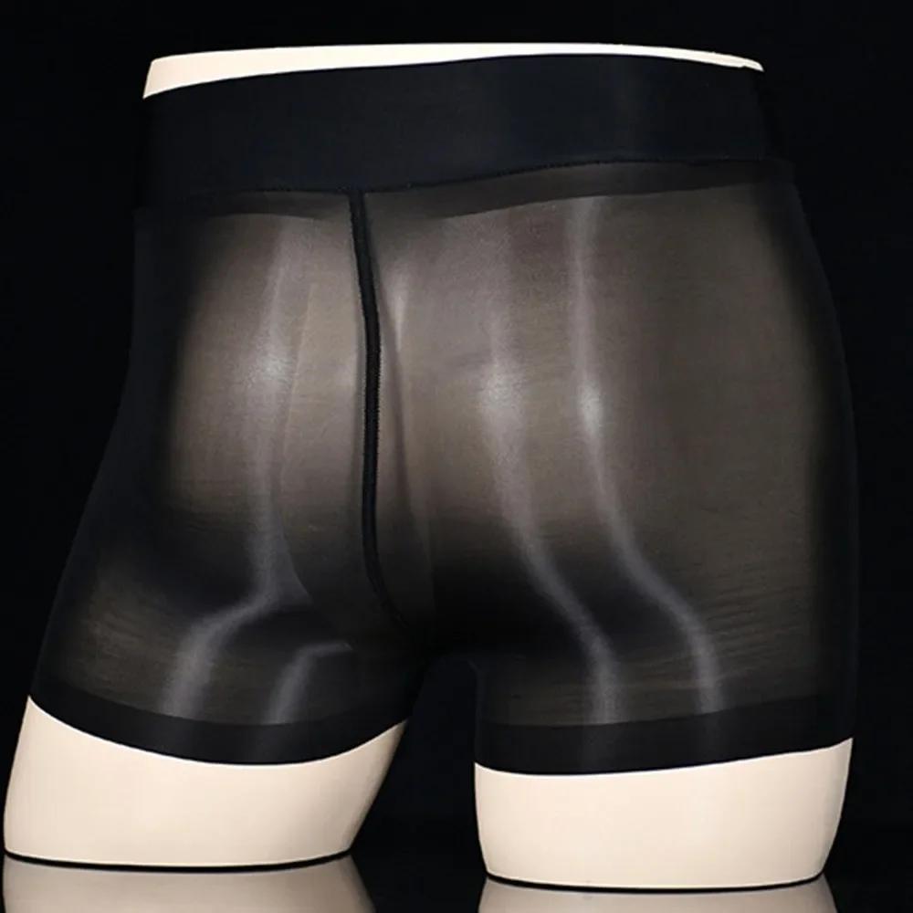Oil Shiny Glossy Sheath JJ Open/ Close Boxer Brief Men See Through Underwear Long Penis Pouch Short Gay Elephant Bulge Panties
