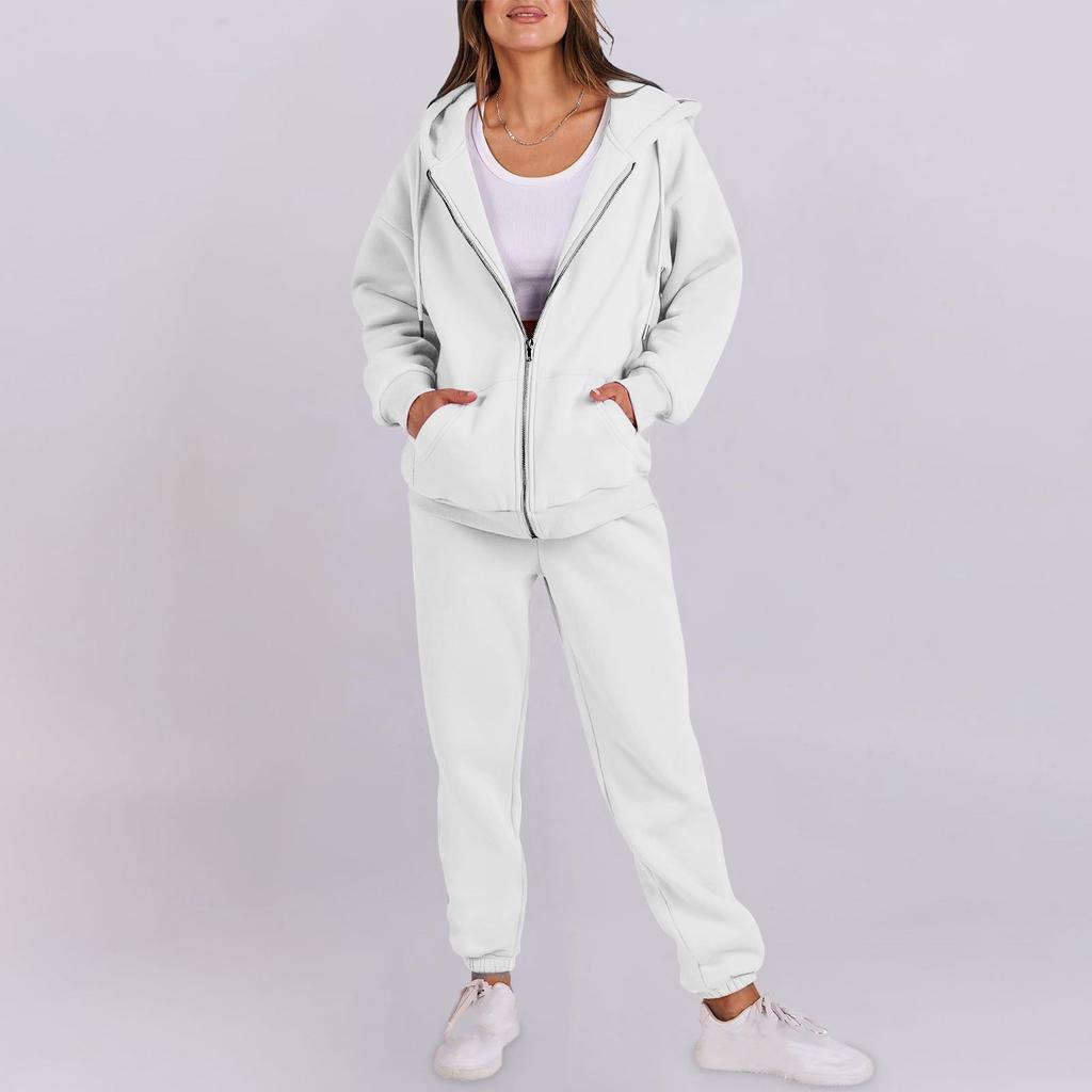 Women's Fashion Hooded Long Sleeve Color Zipper Elastic Waist Loose Sweatshirt Set