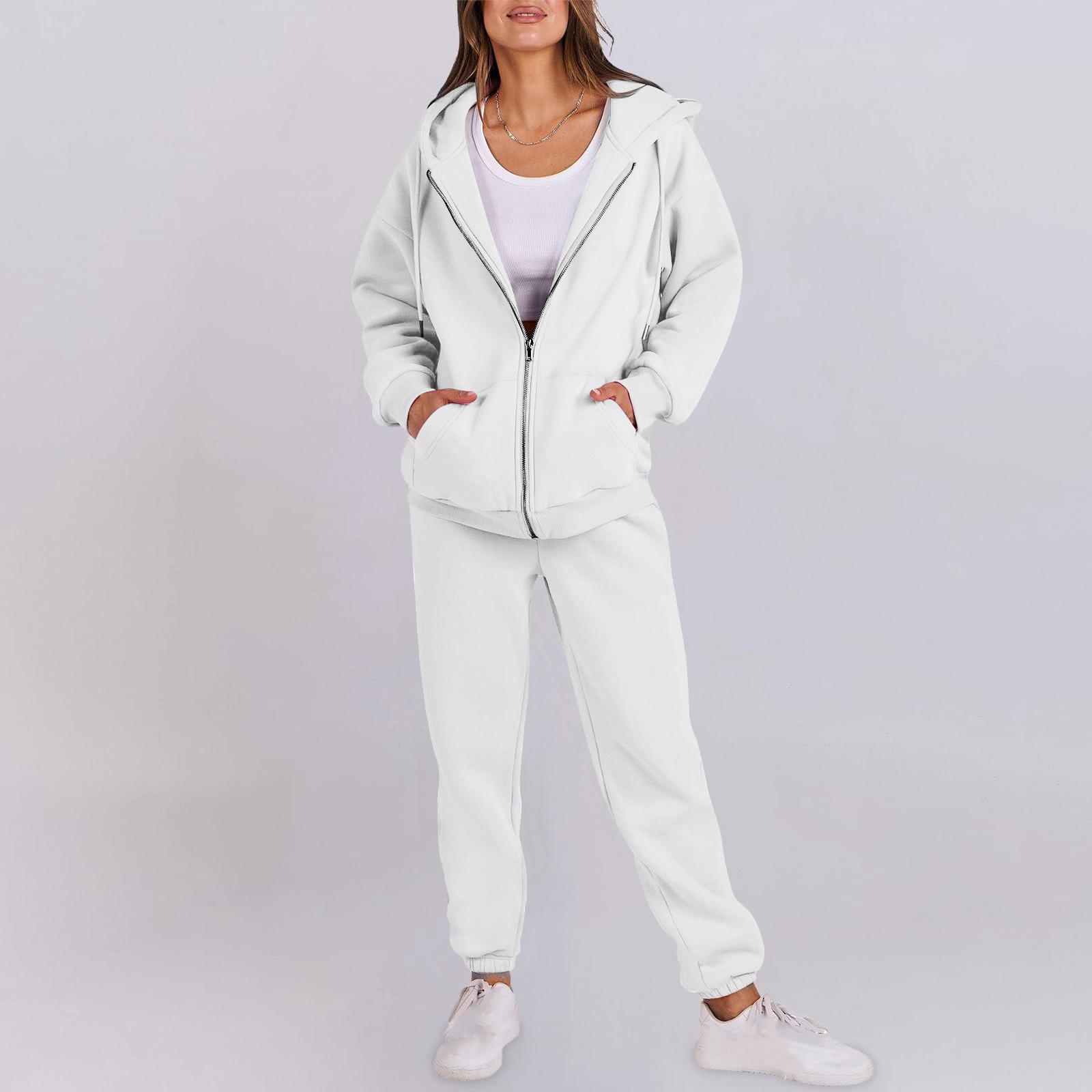 

Women s Fashion Hooded Long Sleeve Color Zipper Elastic Waist Loose Sweatshirt Set XL білий