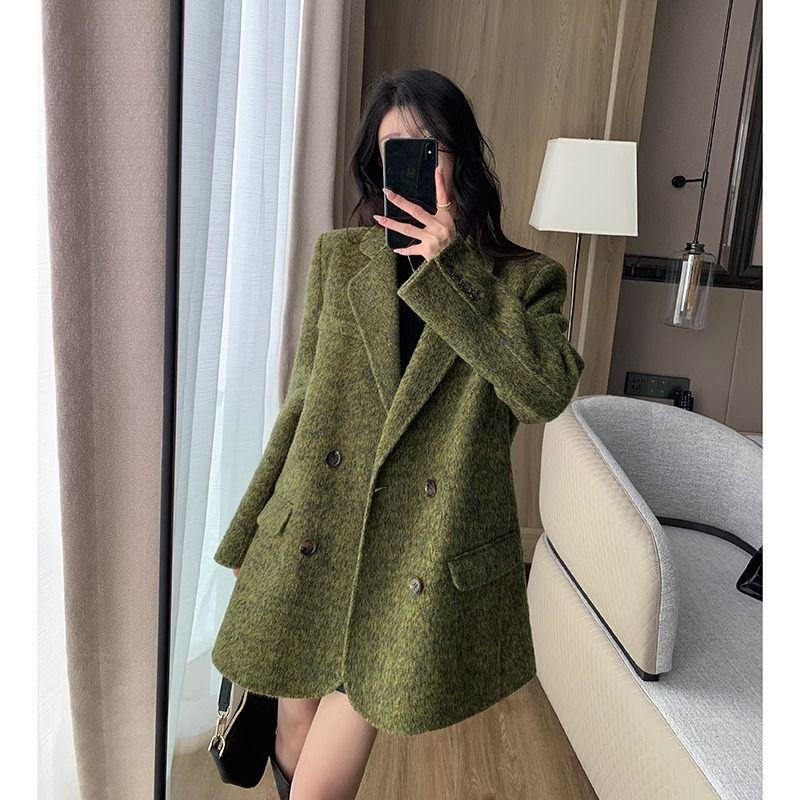 

Осенне-зимнее зеленое шерстяное пальто Женский корейский костюм миди шерстяное пальто L