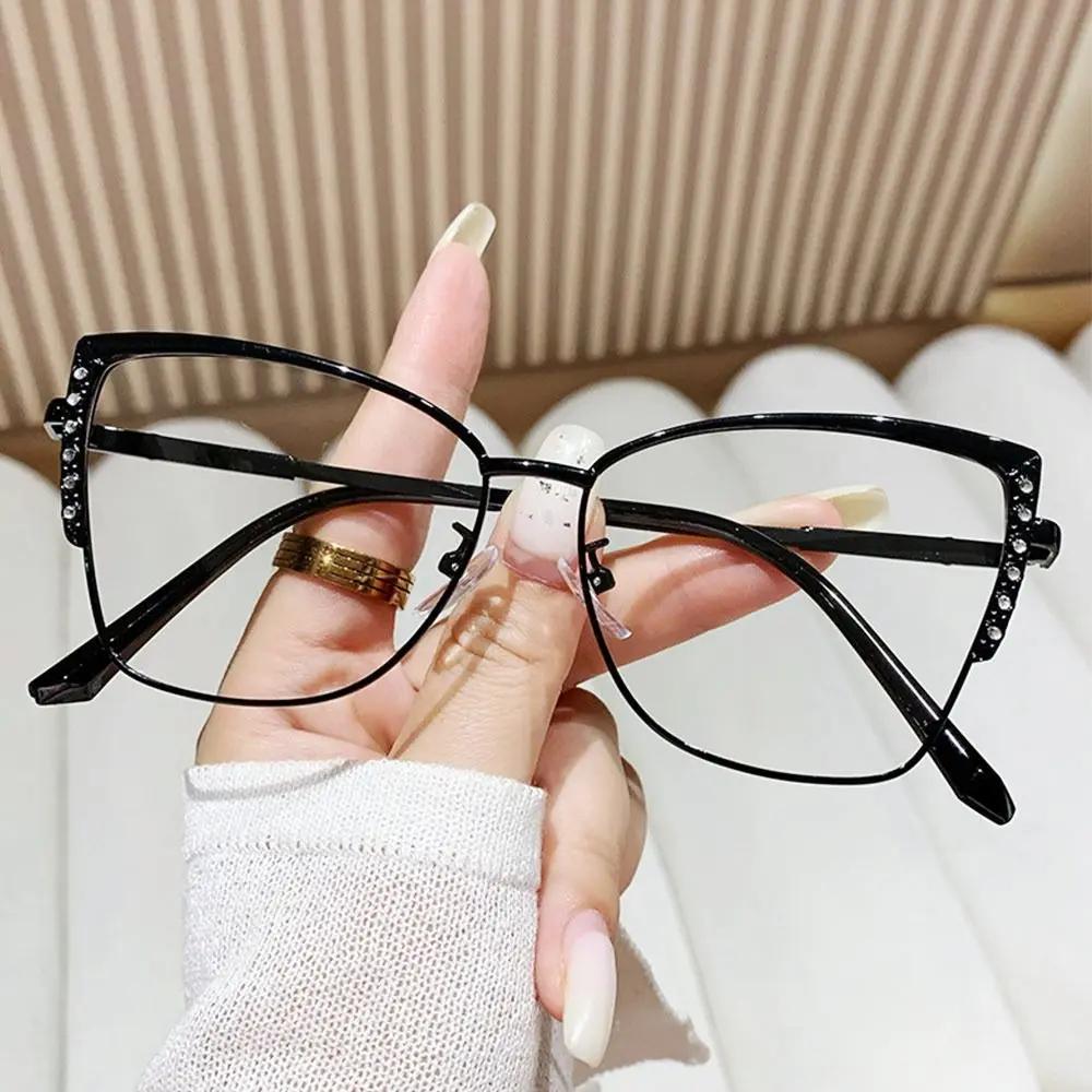 Women Fashion Rhinestone Anti-Blue Light Glasses Eye Care Ultra Light Cat Eye Frame Optical Eyeglasses Office Computer Goggles