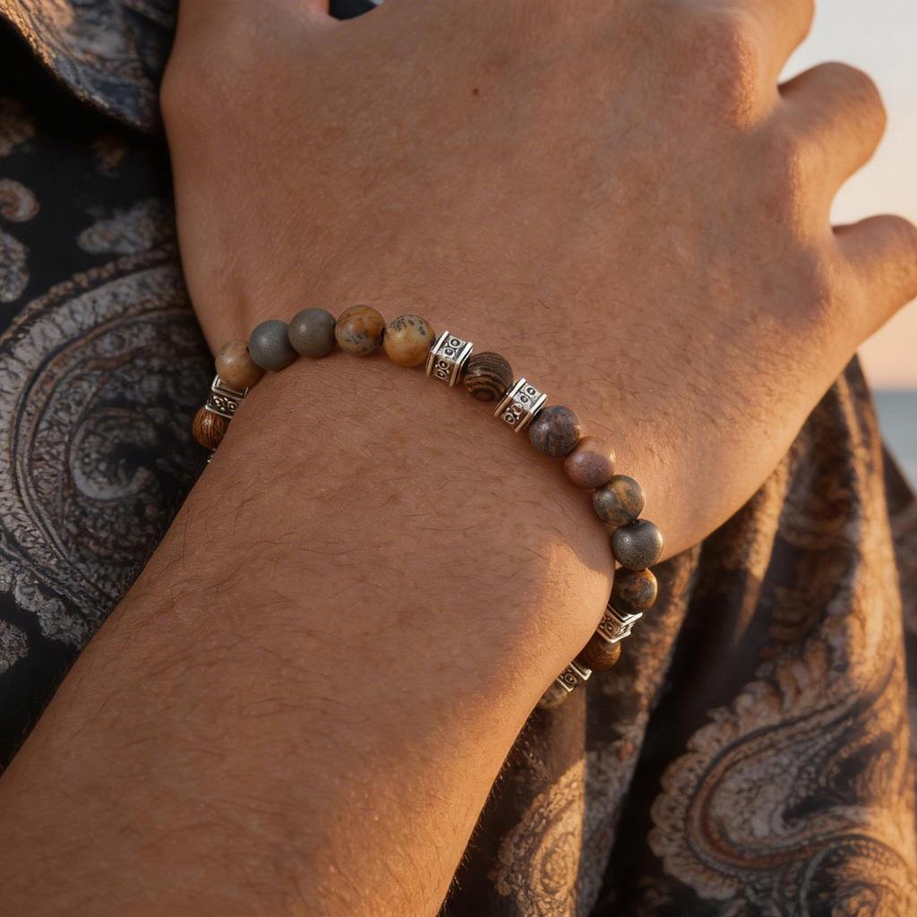 Vnox Natural Stone Beaded Bracelet for Men Women, Zinc Alloy Spacer Beads, Adjustable 17-33cm, 6.6mm Beads Trendy Jewelry Gifts