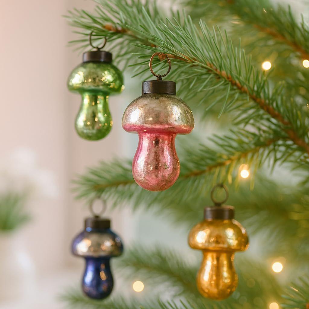 12 Multicolor Distress Mashrooom Large Christmas Ornaments Unique Glass Christmas Hanging for Tree, Halloween, New Year, Valentine Day