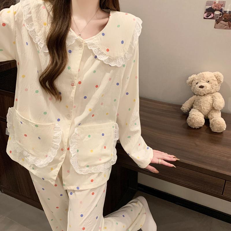 Doll Collar Long-Sleeved Pajamas Women'S Spring And Autumn New Color Polka Dot Simple Cloud Cotton Loungewear Two-Piece Set