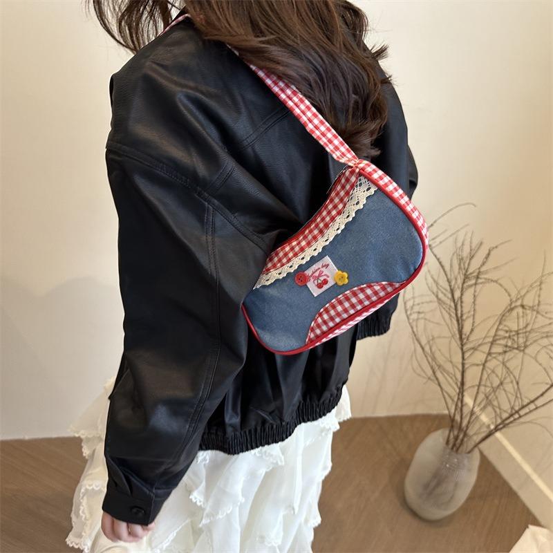 Cute versatile small fresh plaid shoulder bag pleated women's messenger bag college style hand bag