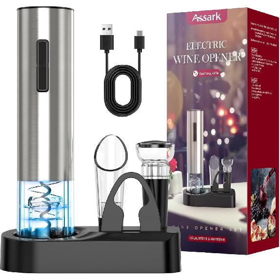 Electric Wine Opener,Automatic Wine Bottle Opener Rechargeable Cordless Electric Corkscrew Wine Opener Gift Set with Wine Stopper, Foil Cutter, Wine