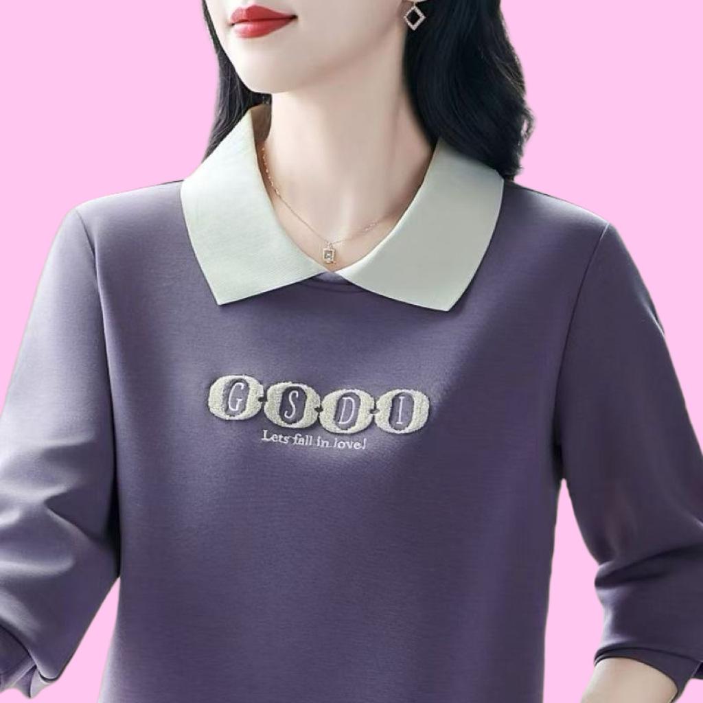 New Lapel Long Sleeve Embroidered POLO Collar Middle-aged Mother Fashionable Casual Age-reducing Versatile Base Top Autumn
