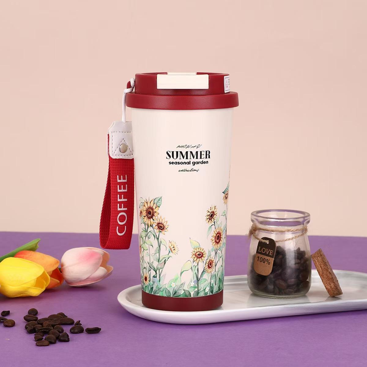 Kreativer Edelstahl-Kaffeebecher mit Trageseil Vakuum-Vakuumbecher Hohes Erscheinungsbild Doppel-Trinkhalm Geschenkbecher 530ml