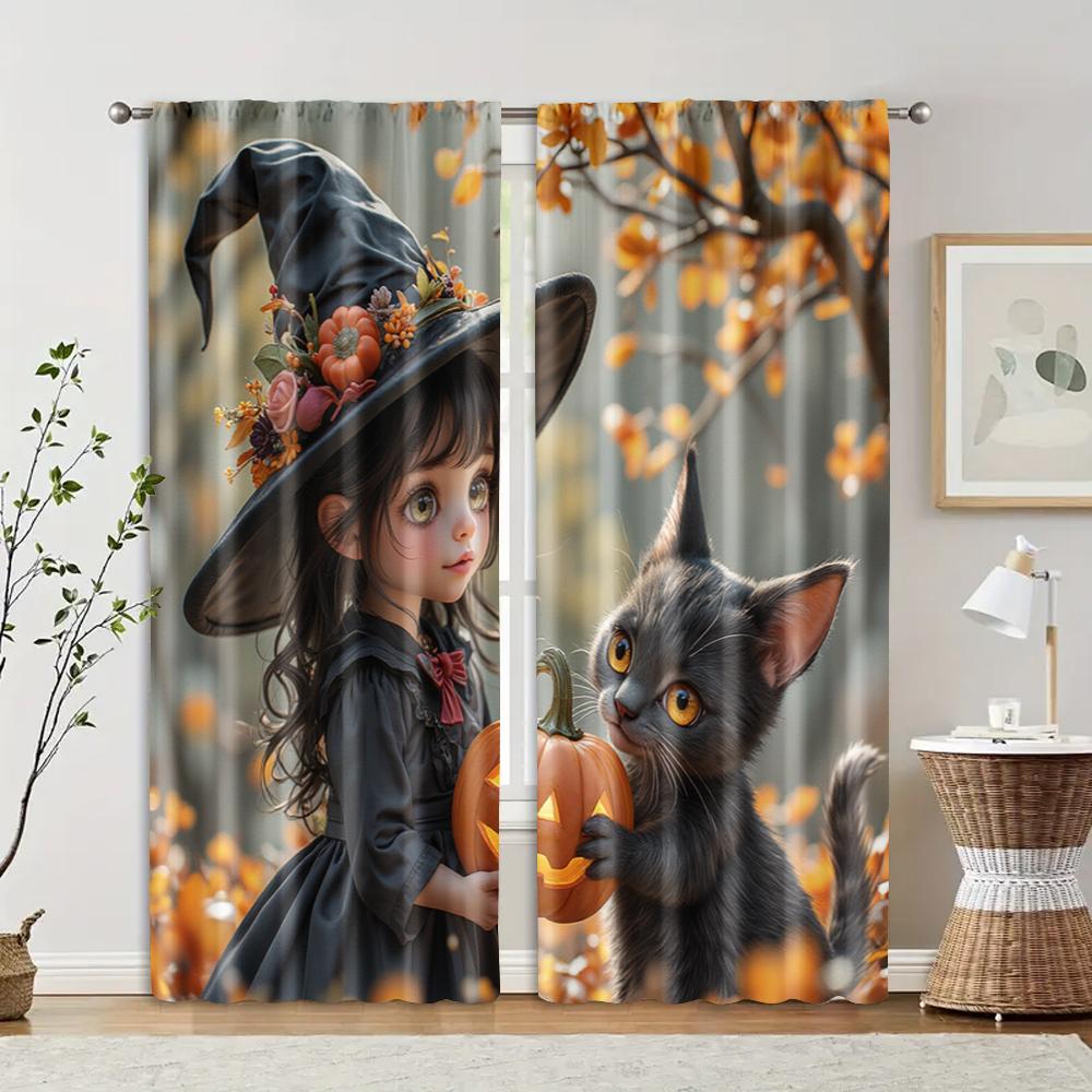 

Set Of 2 Filtering Curtains Excluding Rods Non Movable Without Batteries Gothic Witch Cat Use Bedrooms Living Made Polyester Master Bedroom Window W100*H70(CM)-Hooks&2PCS