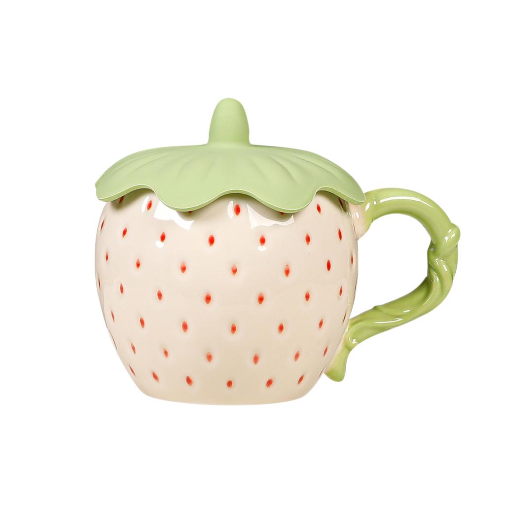 Strawberry Mug Ceramic Cup with Lid Cute Home Office Coffee Cup for Women Dormitory