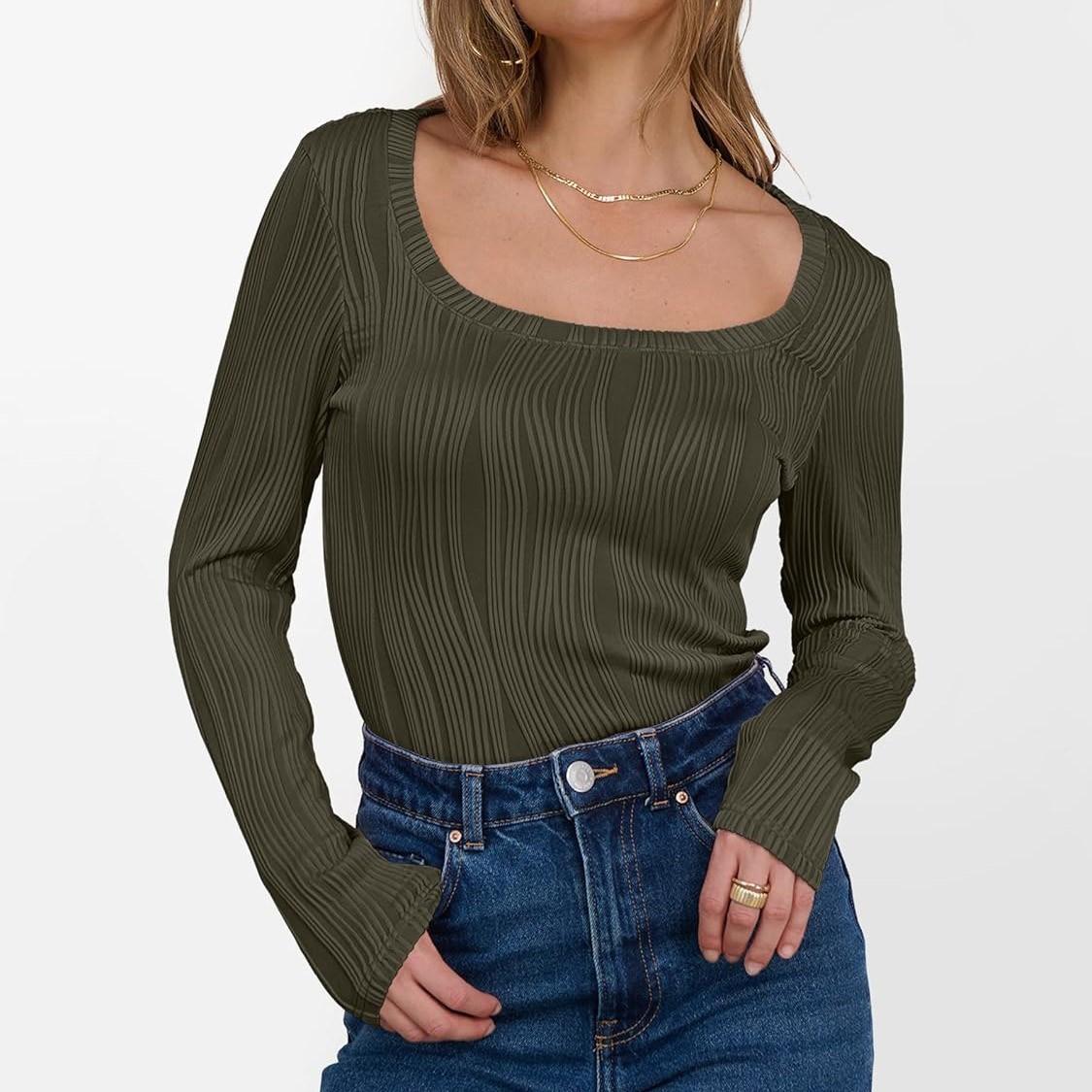 

Women s And Winter Slim Bottom T-shirt Fashion Casual Solid Color O-Neck Pullover Long Sleeve Top L армія зелений колір