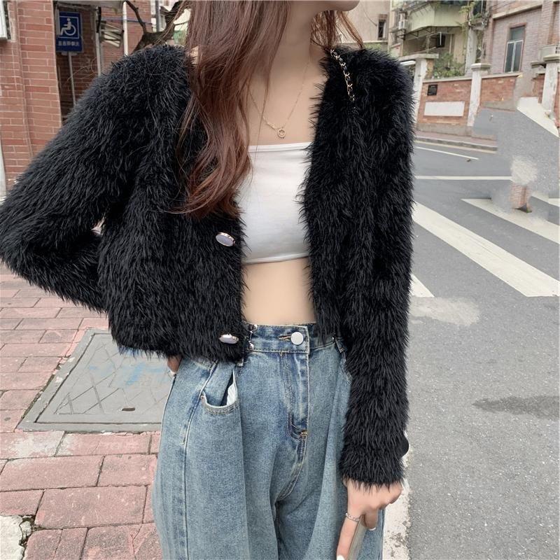 Spring Autumn Women V-neck Imitation Mink Fur Soft Mohair Knitted Sweater Cardigan Coat Short Top