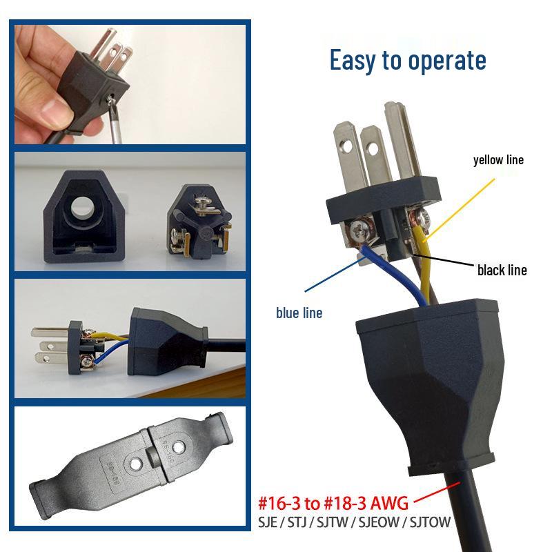 Enchufe de Alimentación Socket Macho-Hembra de Tres Pines Estilo Americano 15A 125V, Negro